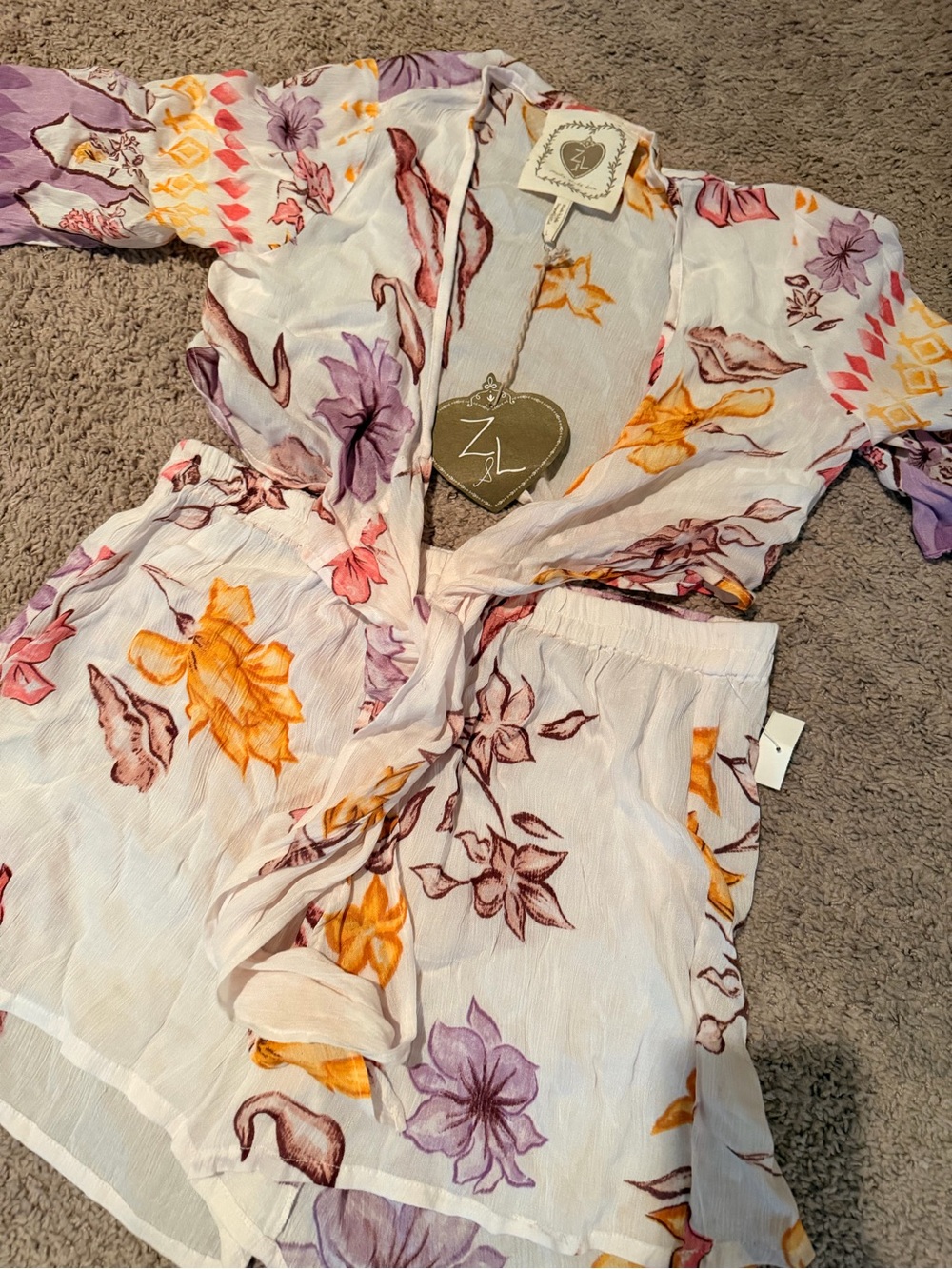 Z+L Floral Tie-Front Romper in Lavender & Mustard